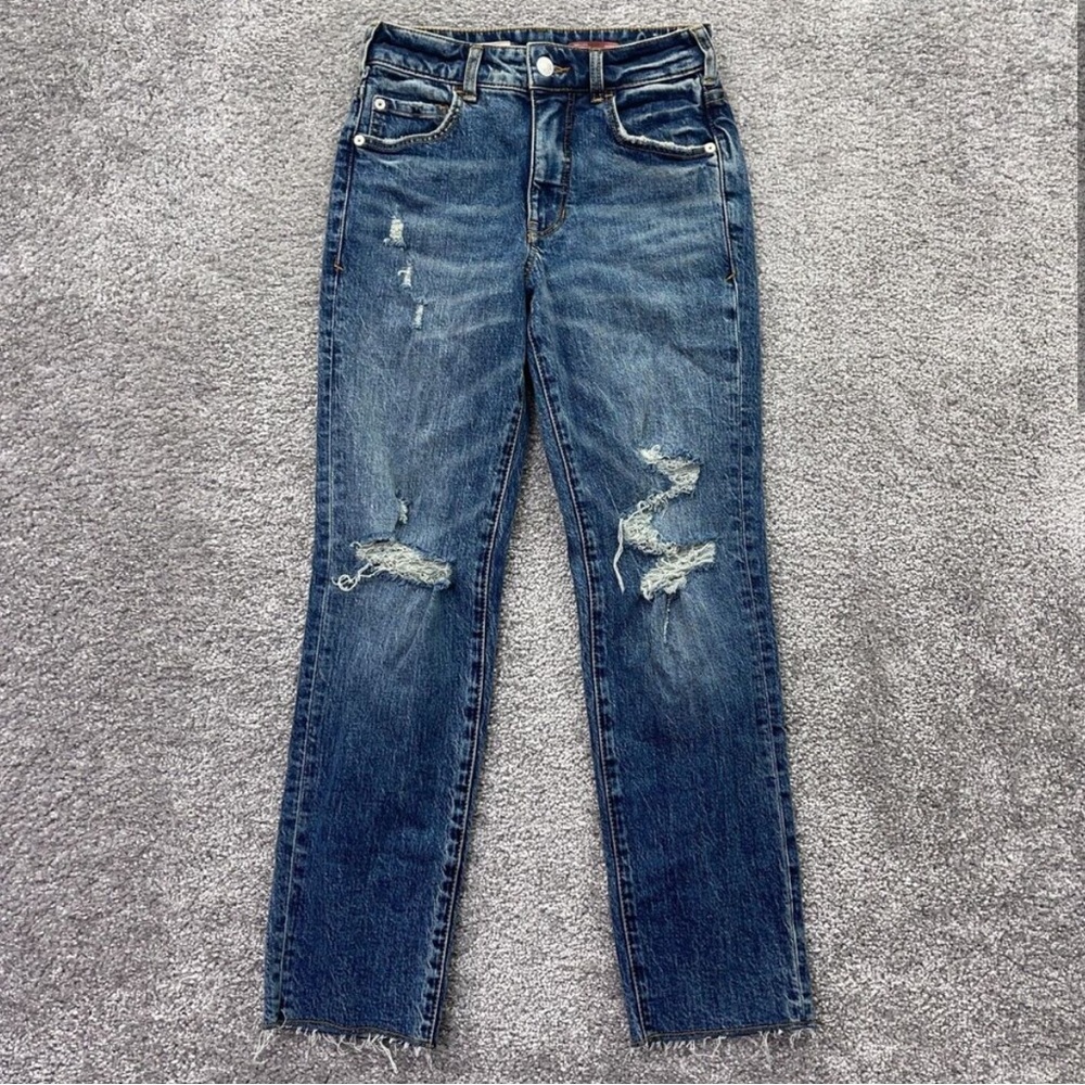 Pilcro Jeans Womens 24 Petite The Vintage Straight Distressed Blue Raw Hem Ankle
